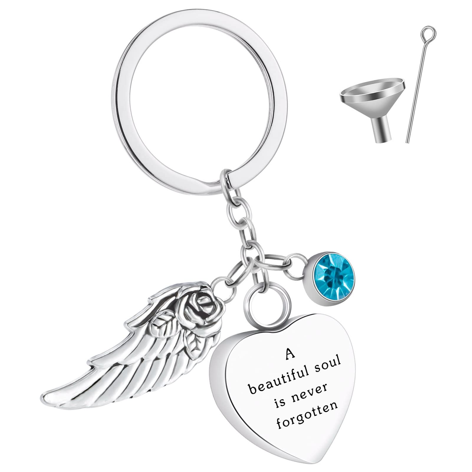Elibeauty A Beautiful Soul Is Never Forgotten Heart Shape Ashes Keychain with Angel Wing Charm Cremation Ashes Jewelry Keepsake Memorial Urn Keychain(Style 13)