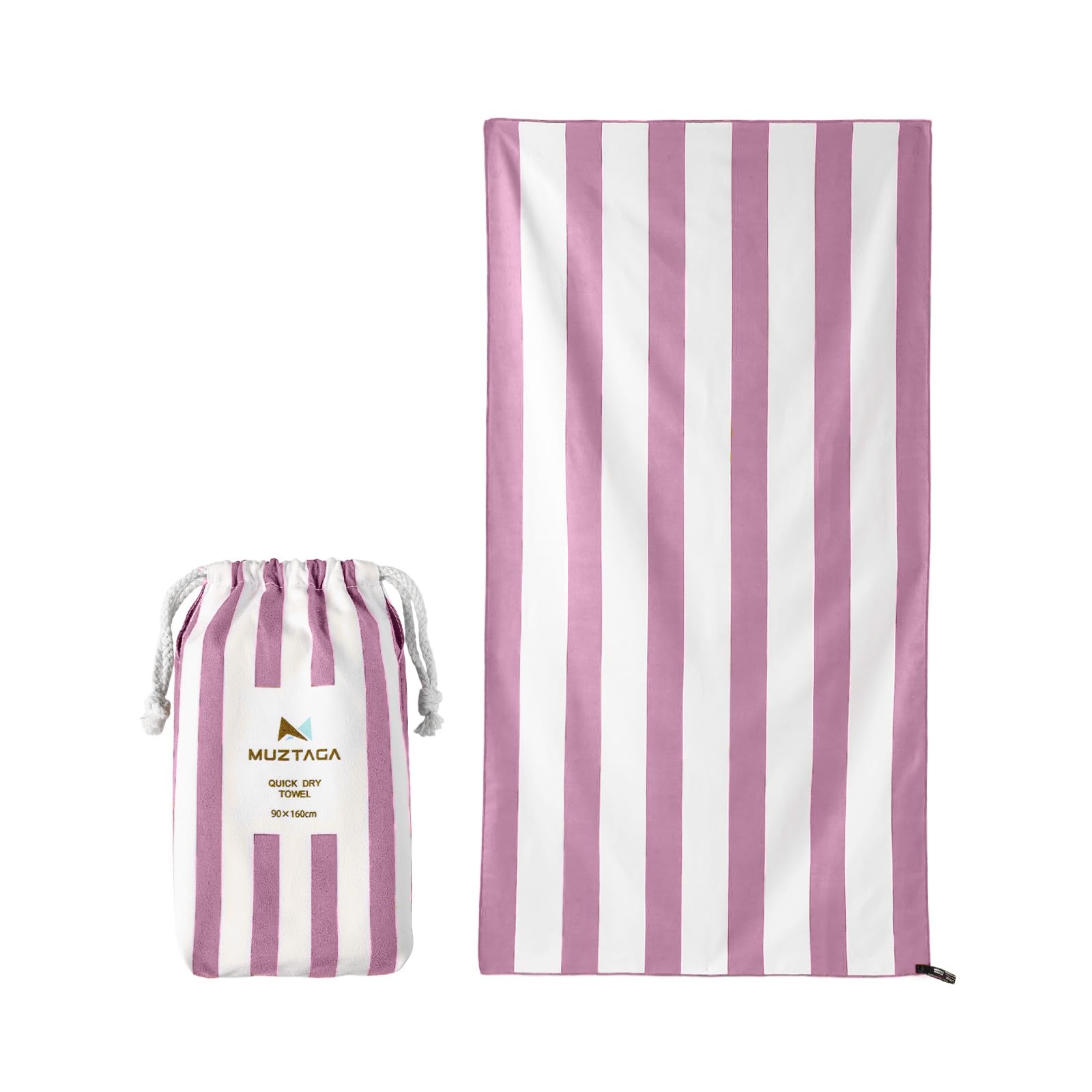 Muztaga Microfibre Beach Towel - Sand Free, Quick Dry, Large 160 x 90 cm Striped Pool Towels for Adults & Kids, Lightweight Compact Travel Towel with Bag for Holiday & Gym (Pink)