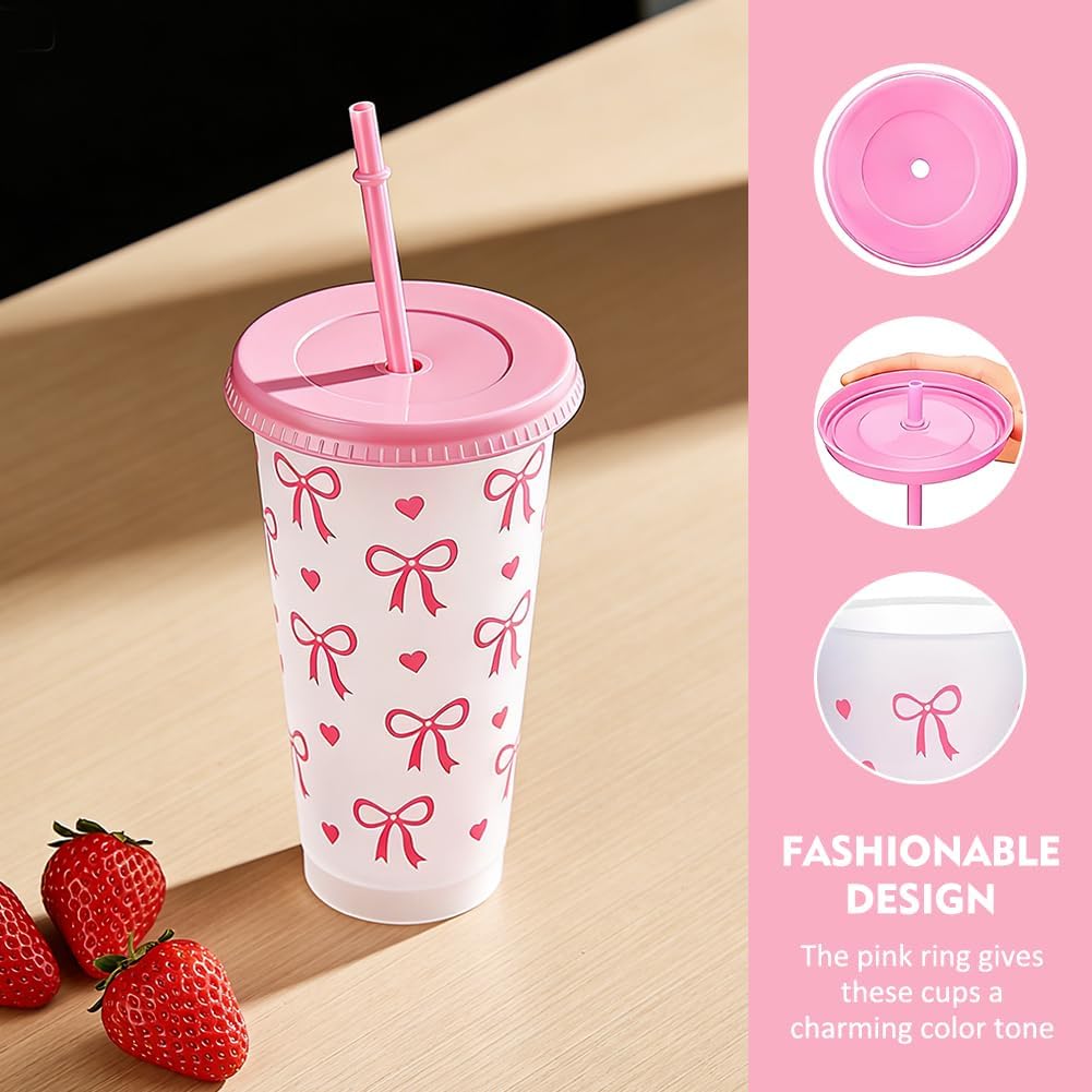 12 Bicchieri con Fiocco Rosa 700ml con Coperchio e Cannuccia – Bicchieri Riutilizzabili per Feste, Addii al Nubilato, Matrimoni, Ufficio