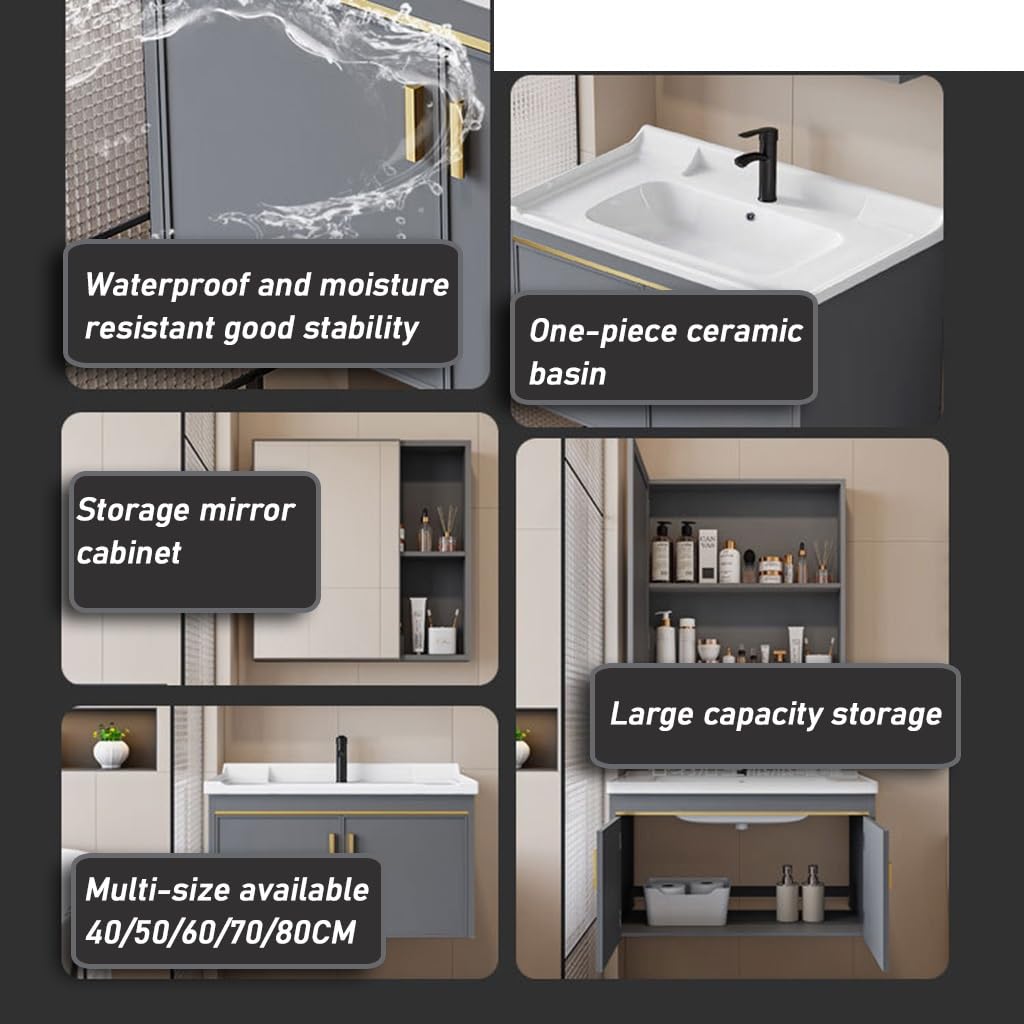 Fregadero Integrado Y Espejo Mueble Lavabo con Espejo Espejo De Pie para Guardarropa con Lavabo De Cerámica Mueble De Almacenaje(70 * 40 * 47CM)