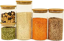Oikos - Kit 11 Potes de Vidro com Tampa de Bambu Herméticos Redondos