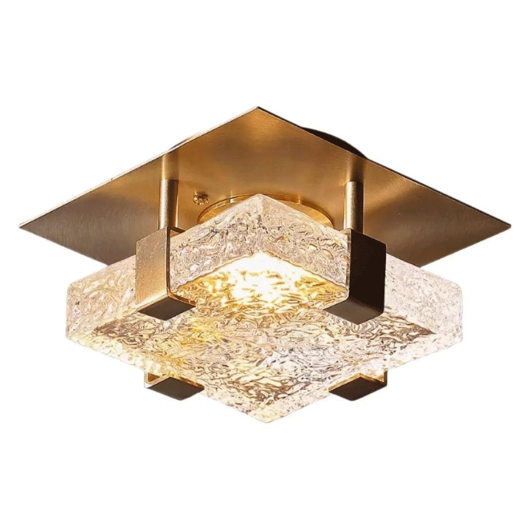 NHPJFDC Modern Square Flush Mount Ceiling Light Gold Hammered Glass Shade Luxury 8 Inch Close to Ceiling Light Fixture for Hallway Entryway Bedroom 3 Color Dimmable Water Ripple Lamp(7.87")