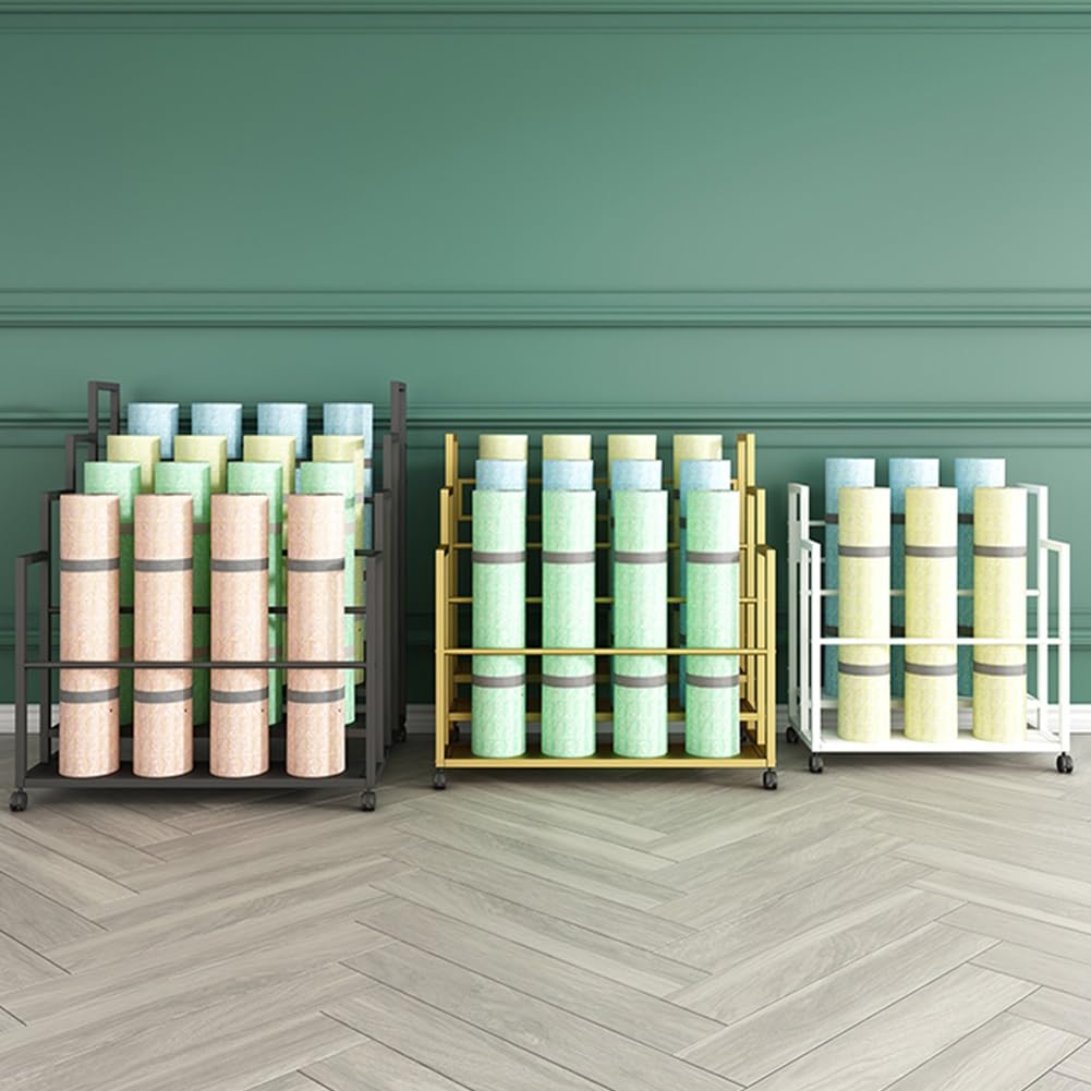 Soporte para Esterilla de Yoga, Estante Grande con Ruedas para esterillas de Yoga, Organizador de 3 Niveles para Gimnasio en casa, Rodillos de Espuma y Equipo Deportivo, Carrito de Yoga móvi