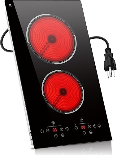 Placa eléctrica de 2 quemadores, estufa eléctrica integrada de 12 pulgadas y encimera, estufa de cerámica con control táctil, bloqueo de seguridad
