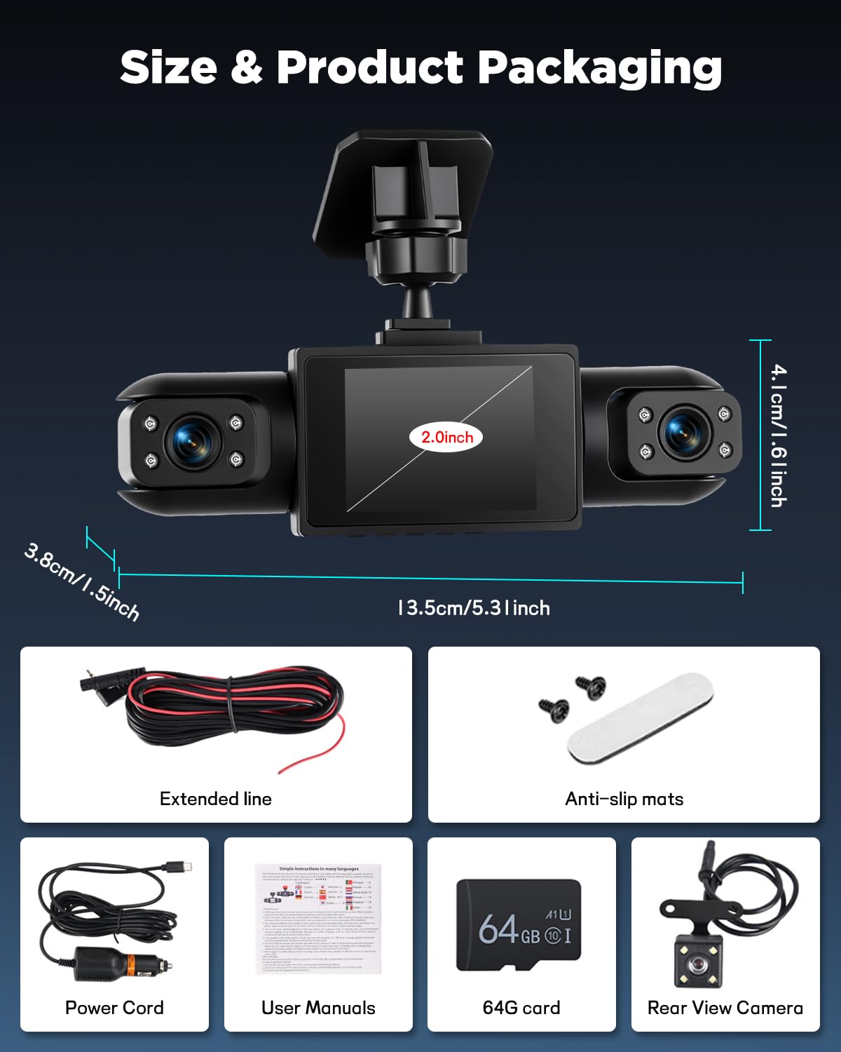 NHOPEEW Dash Cam a 4 canali 1080P – Telecamere anteriori, sinistre, destre e posteriori con grandangolo, display da 3", visione notturna IR, registrazione in loop, rilevamento del movimento