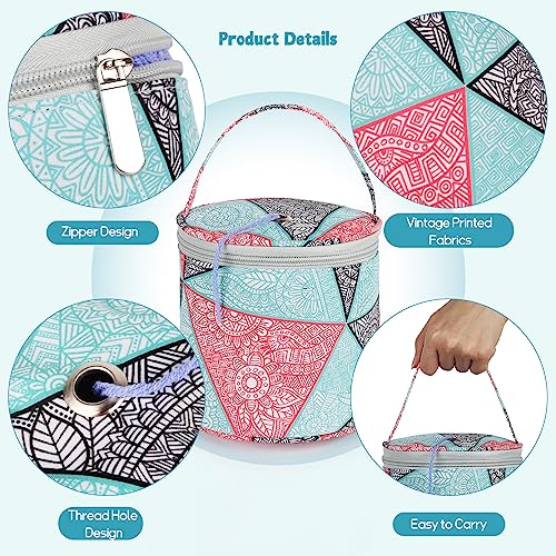 Katech Small Yarn Storage Case Empty Round Knit Tote Bag Basket (Blue + Pink) #TOP2