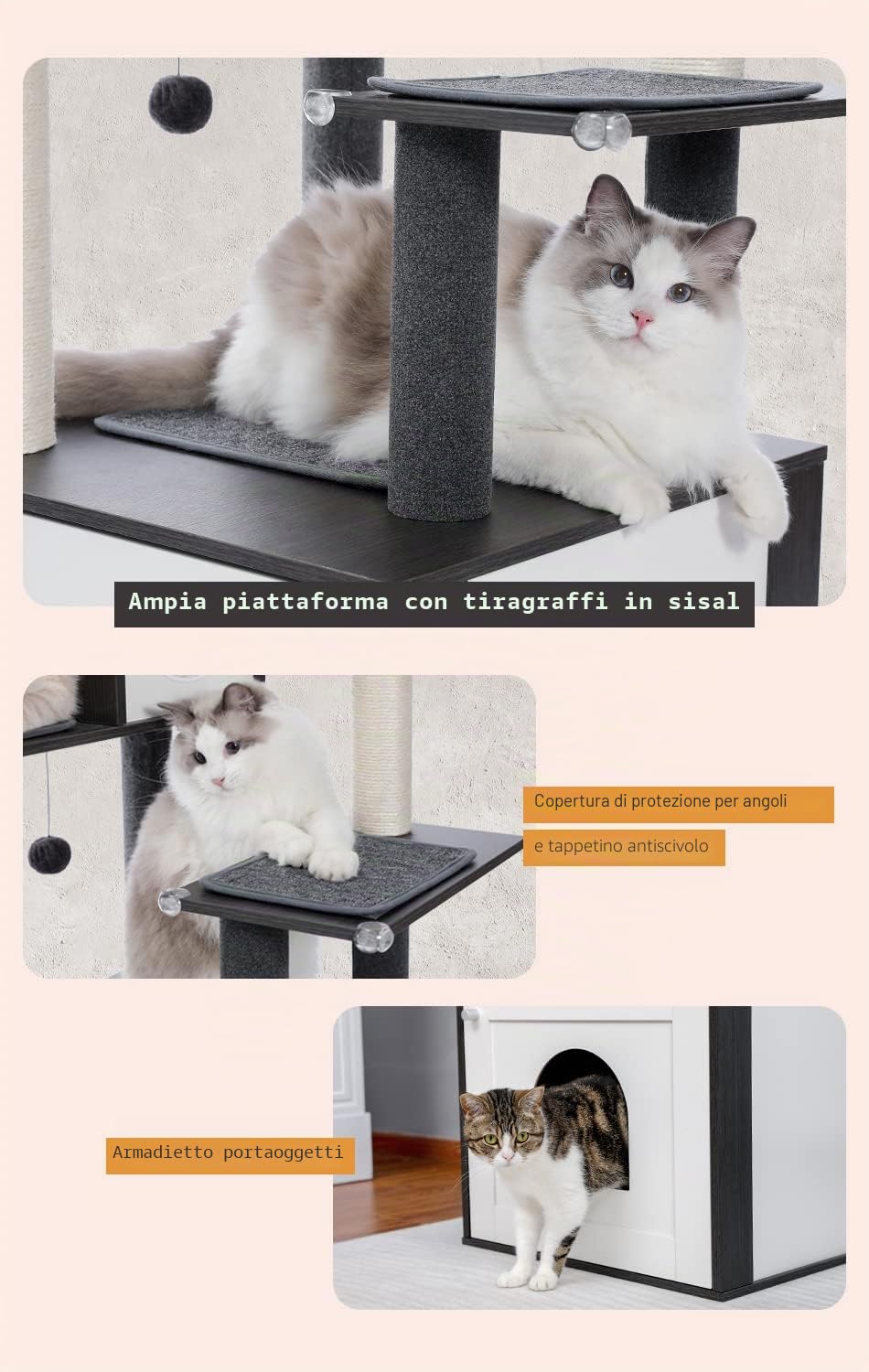 AWZ Road Moderna torre per gatti in legno con armadio per riporre lettiera e ampio condominio per gatti, grande posatoio e amaca, tiragraffi con rivestimento in sisal Black