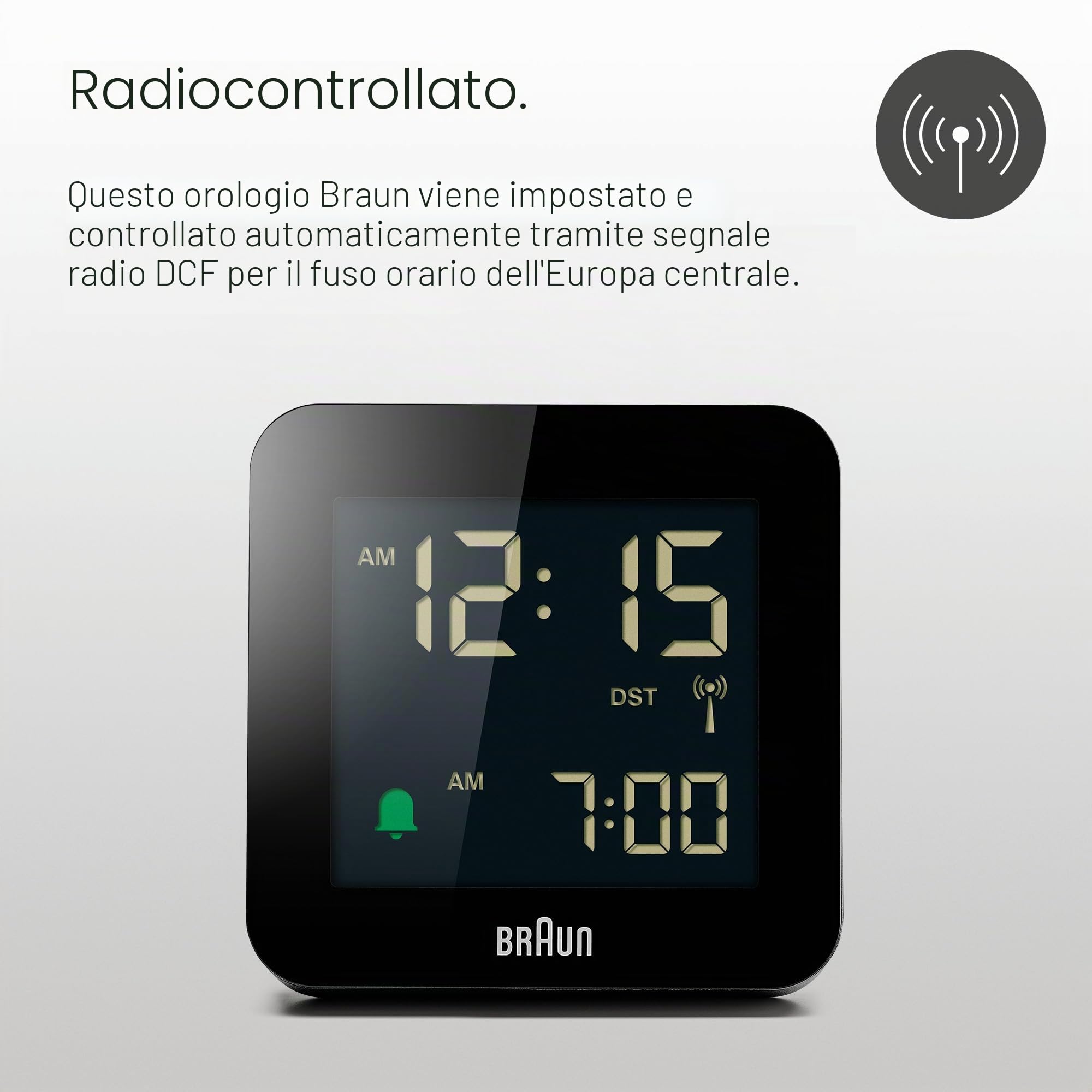 Braun Orologio Sveglia Digitale Radio controllato Fuso Orario Europa Centrale (DCF) con Funzione Snooze, Display LCD, Funzione Quick Set, Suono Sveglia Beep con crescendo, Nero, BC09B-DCF.