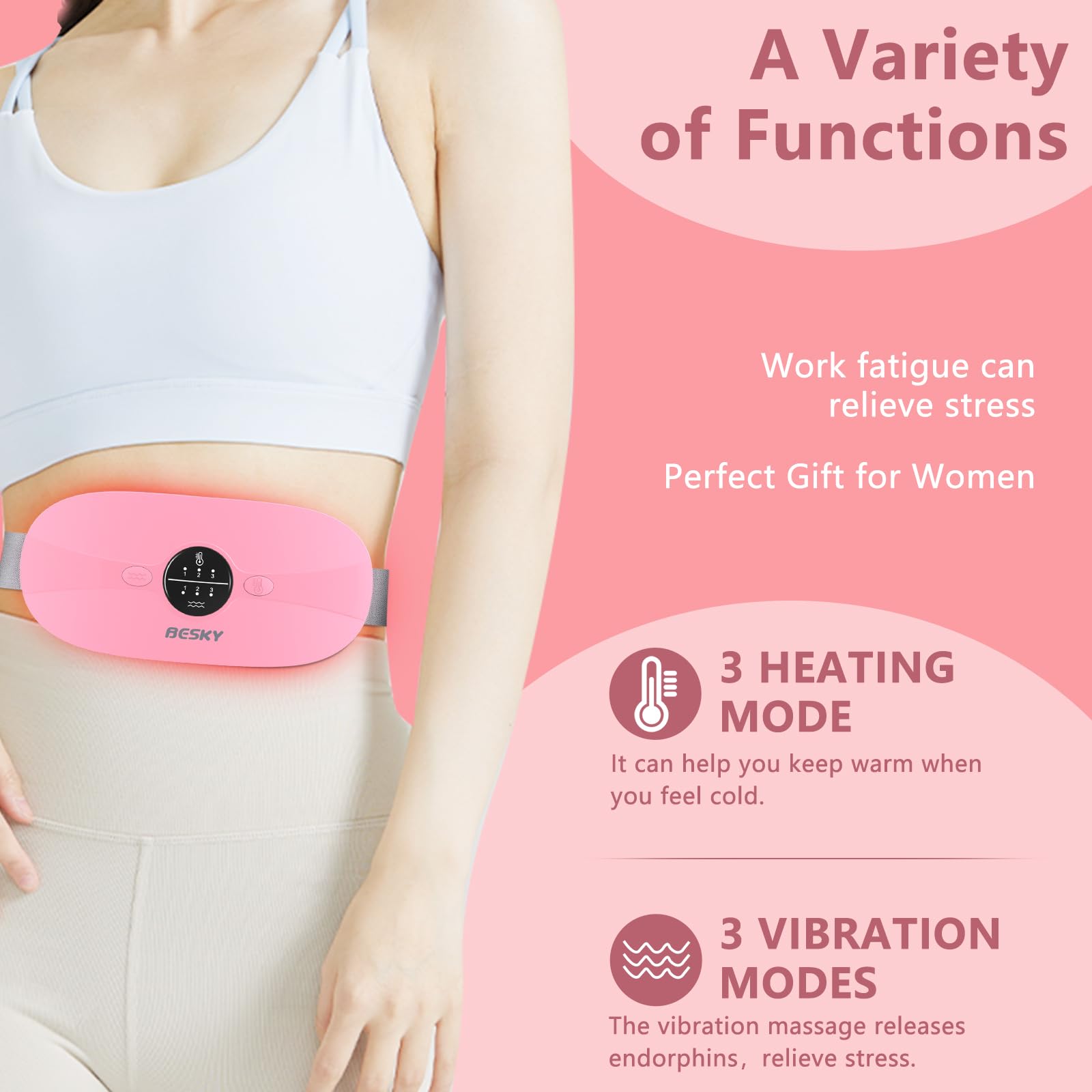 Besky Almohadilla térmica para calambres menstruales, almohadilla térmica menstrual inalámbrica, almohadillas térmicas con 3 niveles de calor y 3 modos de masaje, para aliviar el dolor de espalda o