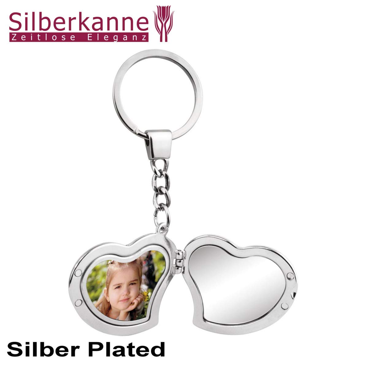 Herz Schlüsselanhänger mit Fotorahmen & Spiegel – Silber Plattiert & Versilbert – 10,5x4,5 cm Premium Geschenkidee