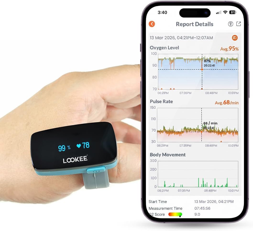 LOOKEE Ring Continuous Pulse Oximeter - Wearable Oxygen Monitor with Vibration Reminder for Low O2 - Rechargeable Blood Oxygen Saturation Tracker for SpO2 & PR - Free APP with Reports