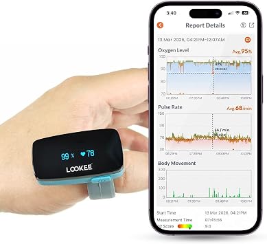 LOOKEE Ring Continuous Pulse Oximeter - Wearable Oxygen Monitor with Vibration Reminder for Low O2 - Rechargeable Blood Oxygen Saturation Tracker for SpO2 & PR - Free APP with Reports
