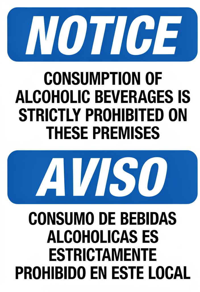 Bilingual No Alcohol Notice Tin Sign 12x8 Inch Metal Wall Decor – Consumption of Alcoholic Beverages Is Strictly Prohibited/Aviso Blue & White Safety Warning Poster for Office, Workplace, Facility