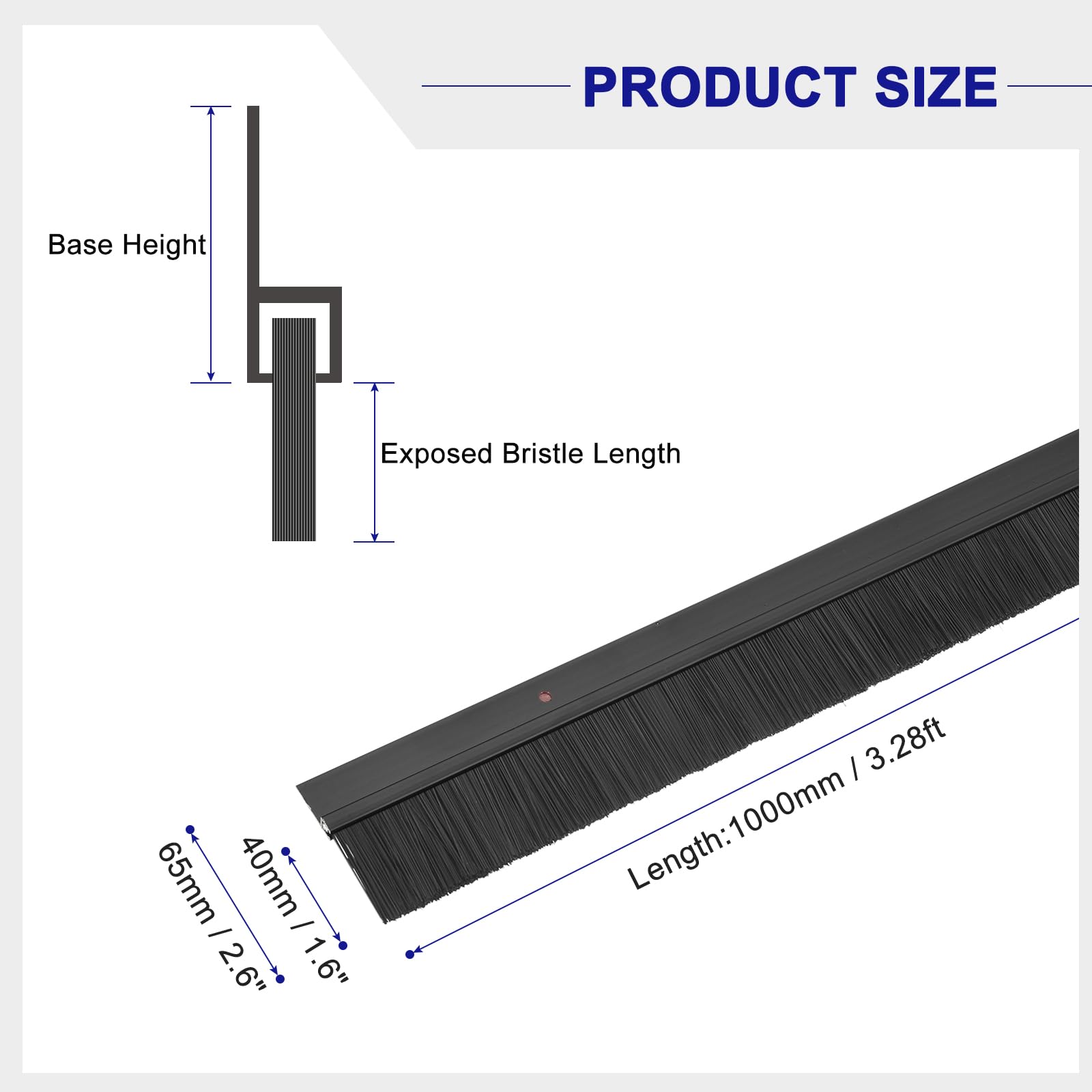 sourcing map 2 spazzole per porta inferiore a forma di H, base in lega di alluminio, con spazzola in nylon da 40 mm, per casa, industriale (1000 mm di lunghezza x 65 mm di larghezza, nero)
