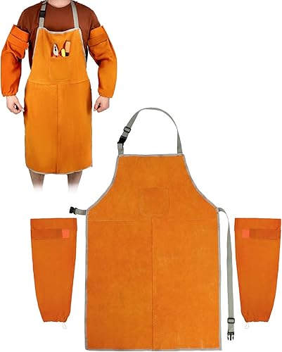 Miniatura 8 de QWORK Delantal y mangas de soldadura, juego de protectores de trabajo de soldadura, taller de trabajo de cuero resistente al calor y al fuego, ropa