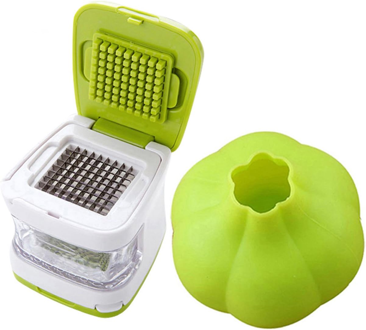 NewFerU Cube Garlic Ginger Press Cutter Mincer Chopper Crusher Slicer Grater Grinder Dicer Machine Food Aid in Plastic Stainless Steel with Silicone Peeler Kitchen Gadget Green Tool Set