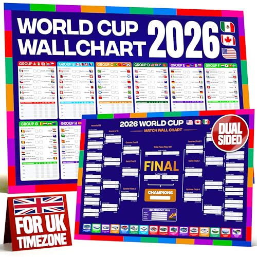 World Cup Wall Chart 2026 | A1 Size 2026 World Cup Football Poster with UK Fixtures Dates Kick Off Times Stadiums & Host Cities | World Cup Sweepstake & Prediction Chart