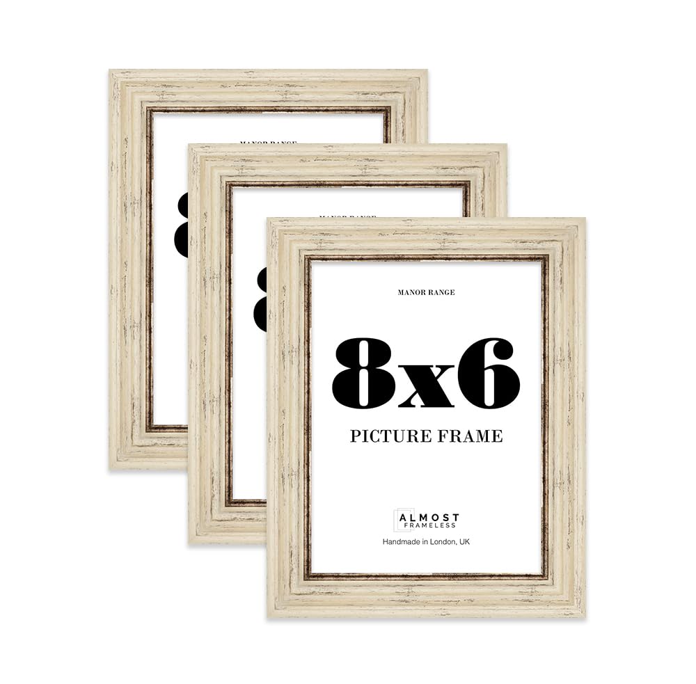 8x6 Picture Frame, Display 8x6 Pictures (20.3 x 15.2cm) - Distressed Cream Refined 42mm Edge Photo Display - 3 Pack
