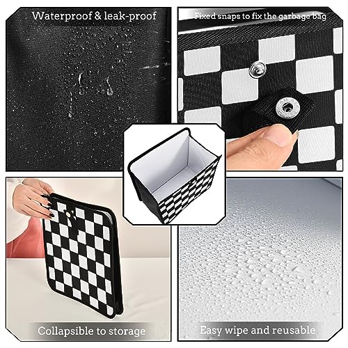 Image of Car Trash Can Car Organizer Car Garbage Can with Adjustable Strap for Back Front Seat Console Waterproof Leakproof Collapsible Portable 8.66 Inch Checkerboard