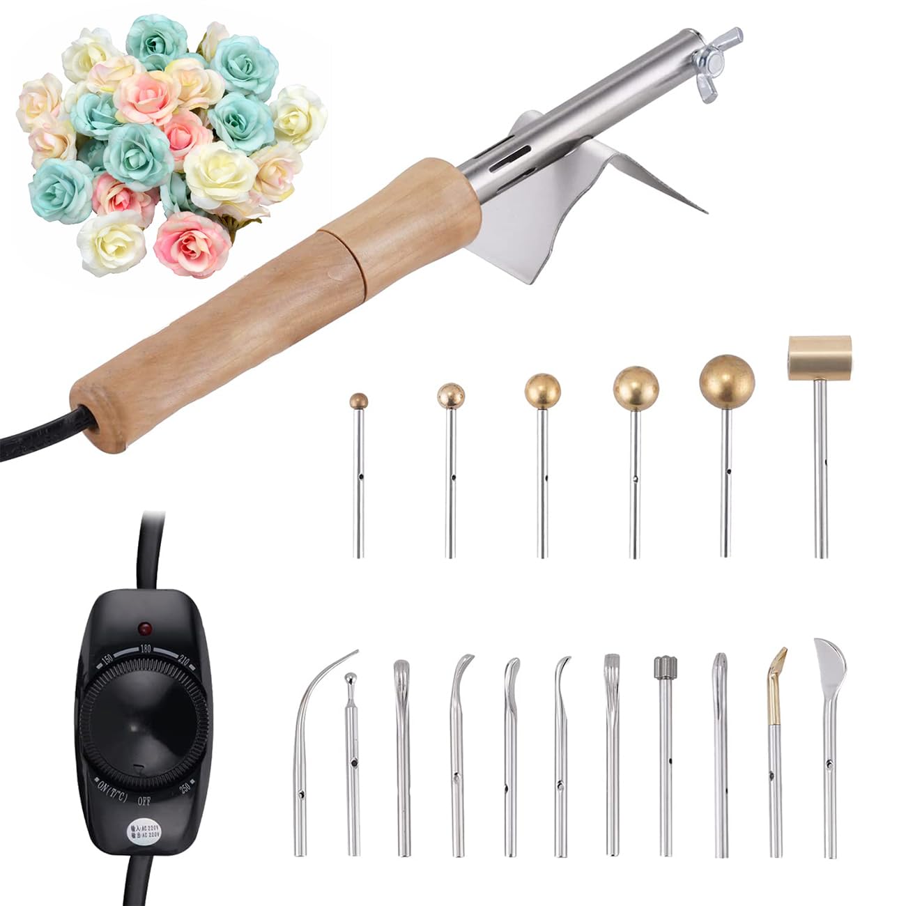 BOBVBElectric Fabric Flower Maker, DIY Fabric Flower Making Tool with 17 Heads Artificial Flower Ironing Machine with Adjustable Temperature Anti-Scalding Bracket Fake Flower Making Tools