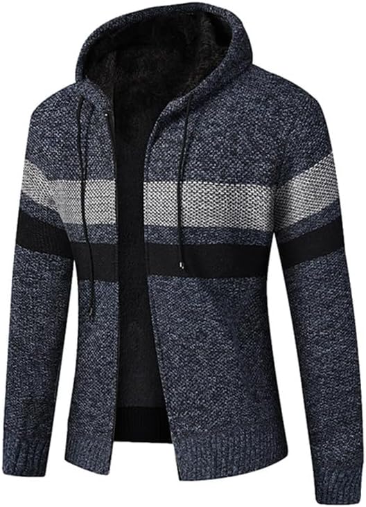 GenericNew Winter Hooded Cardigan Men Fleece Warm Knitted Sweatercoat Mens Fashion Striped Hooded Knitwear Zipper Casual Cardigan Man
