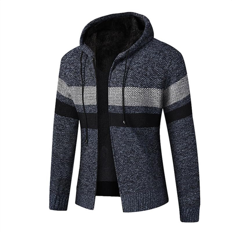 GenericNew Winter Hooded Cardigan Men Fleece Warm Knitted Sweatercoat Mens Fashion Striped Hooded Knitwear Zipper Casual Cardigan Man