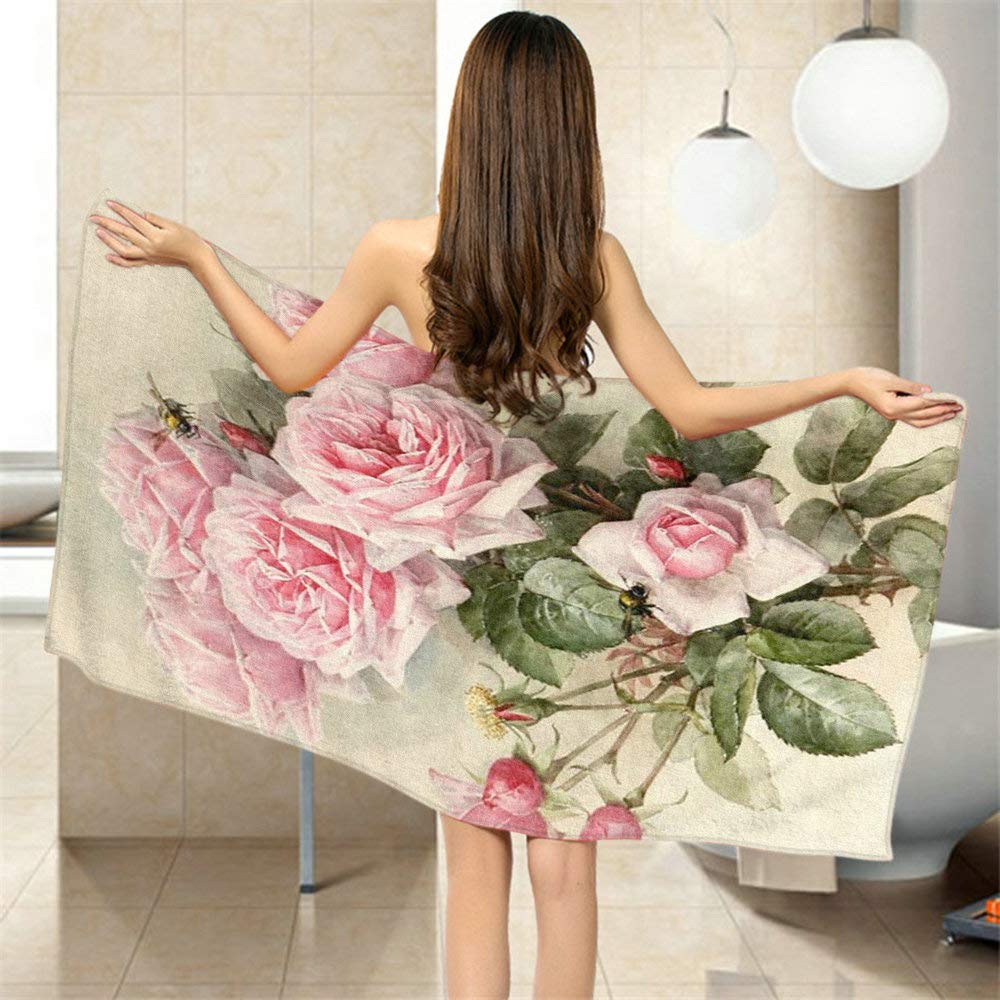 Moslion Comfy Bath Towels Vintage Shabby Chic Pink Rose Floral Soft Bathing/Beach/Camping Towel for Women Men Girls Boys Large Size 64x32 Inches