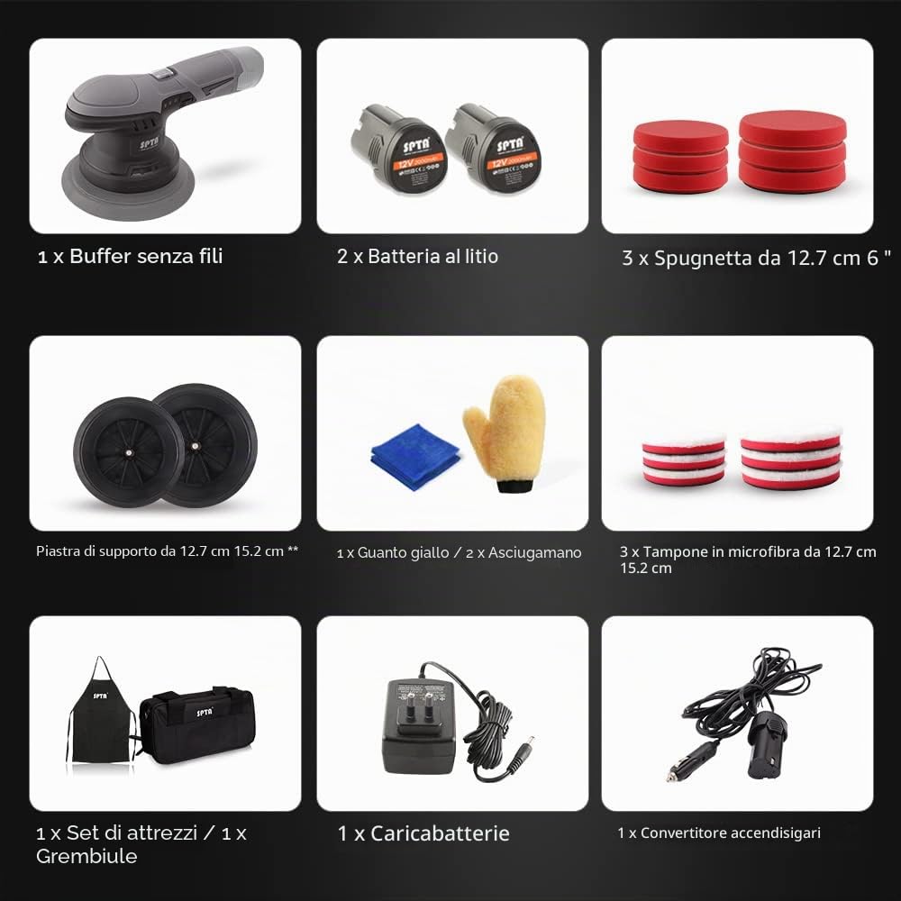 SPTA Lucidatrice Auto, Lucidatrice per Auto, Mini lucidatrice Senza Fili da 125mm/150mm,2X Batteria,6x Spugna per lucidatura Pad, 6x tamponi in microfibra per riparazioni e ripristino dei fari-LD601EU