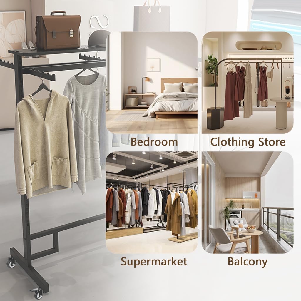 Black Clothing Racks with Removable 6/8 Arms Floor Standing Metal Garment Rack with Wheels Heavy Retail Display Racks Shirt Clothes Display Stand for Boutiques (59 * 19.6 * 61.02in)