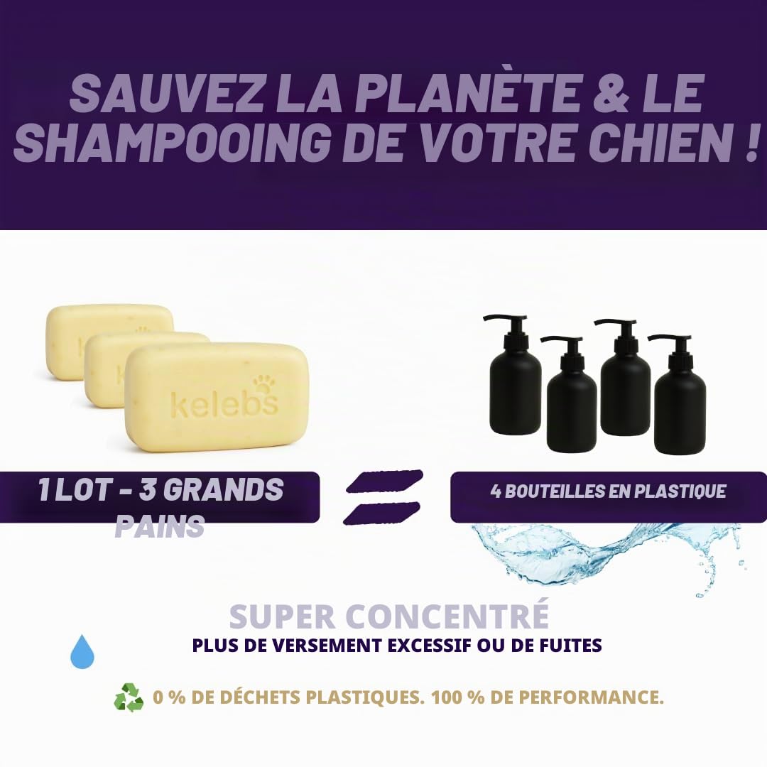 Kelebs Shampoing Chien et Chiot Naturel Anti Démangeaisons Anti Puces Anti Stress a la Lavande Huiles Essentielles Aux Flocons D'Avoine Bio Peau Sensible Anti Odeurs Biodegradable 3 Pieces