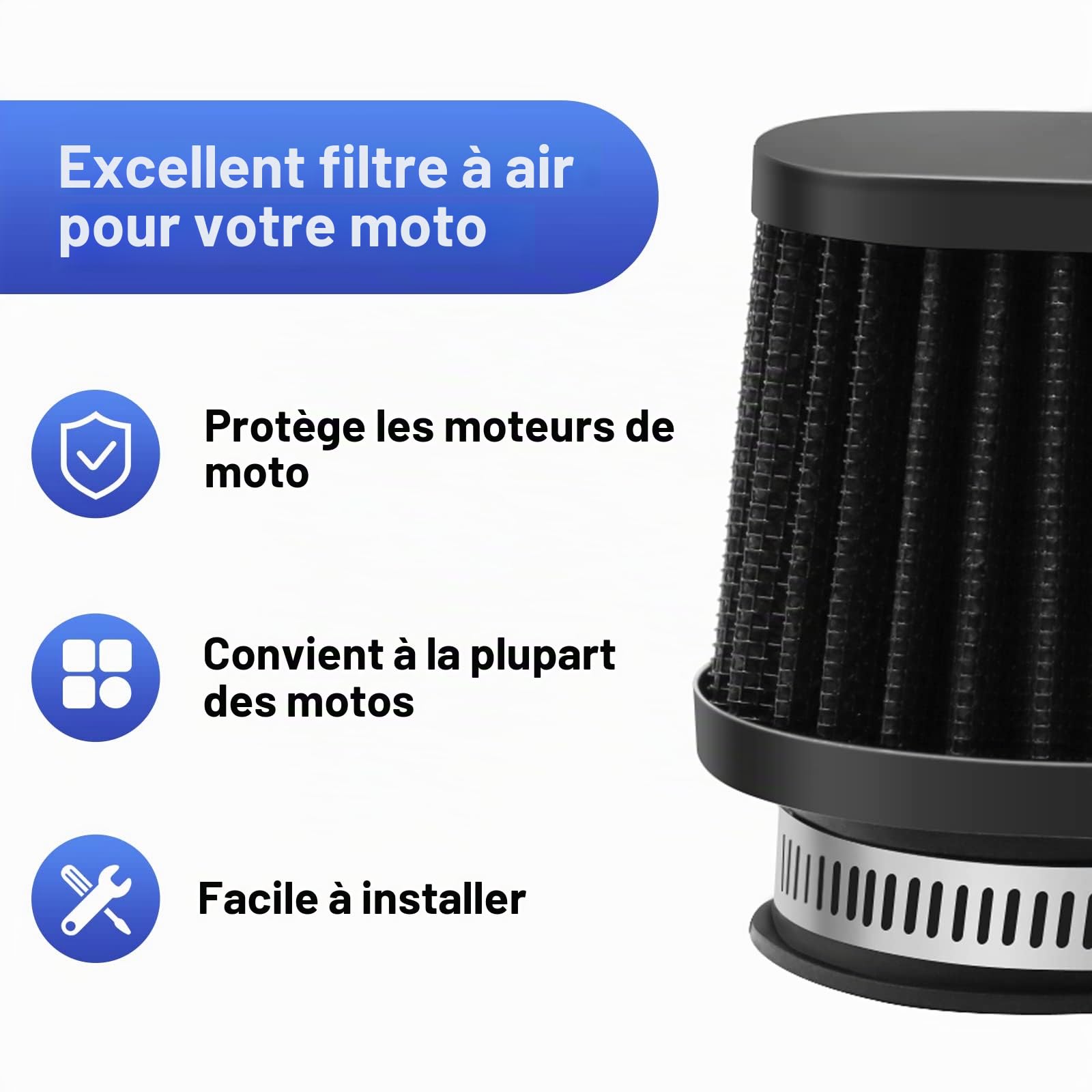 Lot de 2 filtres à air universels de 50 mm pour moto tout-terrain, haute performance, pour motocross, scooter, cyclomoteur, Yamaha, Honda, Suzuki, Kawasaki, ATV (noir)