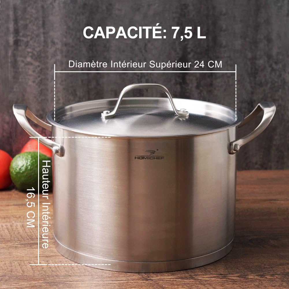 HOMICHEF Marmite en acier inoxydable robuste avec couvercle, respectueuse de l'environnement et sans nickel (24 cm, 7,5 L) - Marmite à induction polie mate de 7,5 L