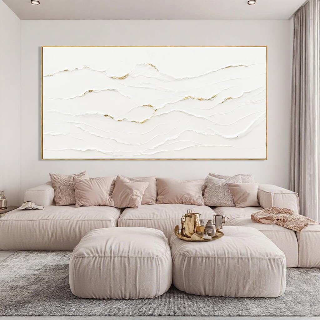 Large Wavy Line White Abstract Wall Art with Frame Minimalist Modern Hand drawn Painting Textured Poster for Living Room Dining Room Bedroom Decor 29"x58" 58"L x 29"W White and Gold