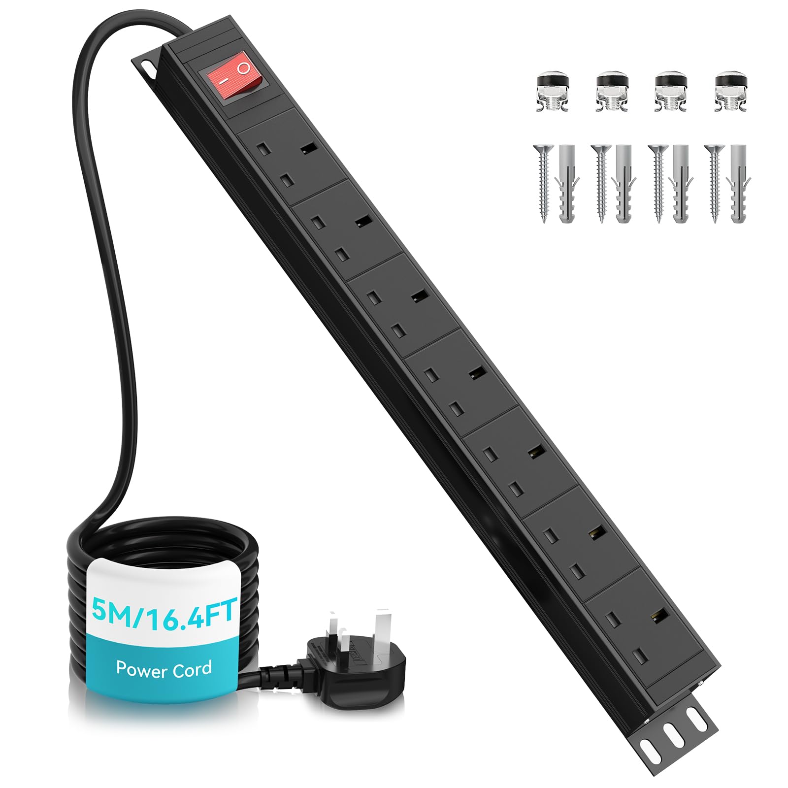 7 Way Extension Lead 5m Rack Mount Power Strip 19 inch, Wall Mountable Power Socket Black, Metal Housing