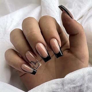 Medium Press on Nails Square French Fake Nails Black French Tip Nails Nude Pink Full Cover Black Acrylic False Nails French Tip Press on Nails with Heart Design Stick on Nails for Women and Girls 24PCS