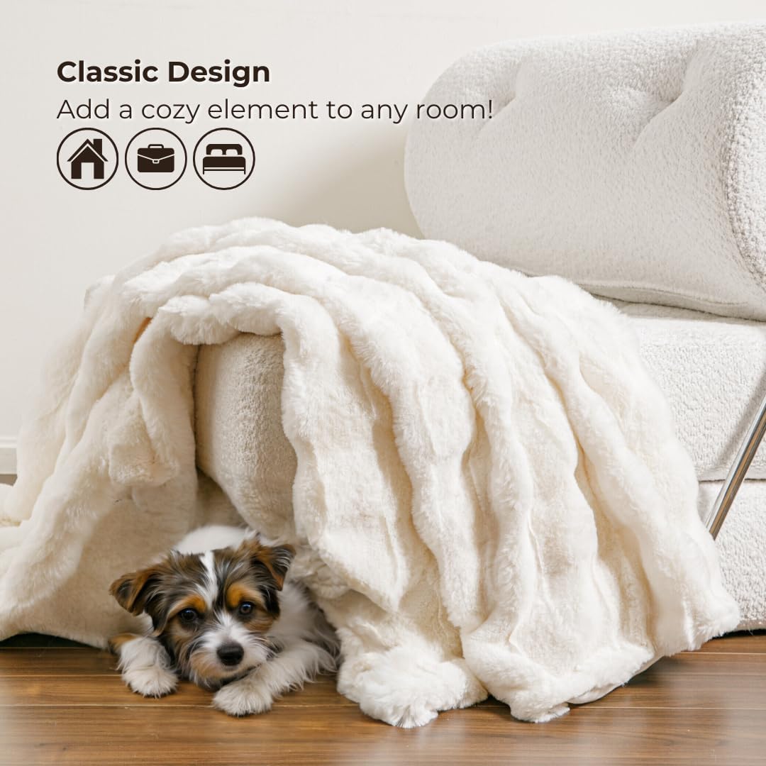 The Southampton Blanket - Faux Fur Basketweave Throw Blanket 50"x60" Lighthouse Cream - Luxuriously Soft Cozy Warm Gift for Women, Plush Silky Fuzzy Heavyweight Reversible Design Home Decor - Image 7