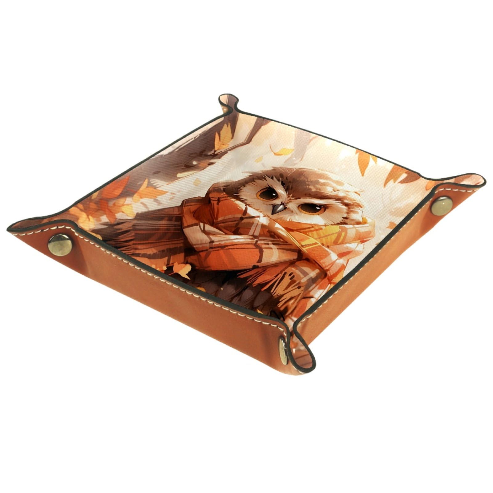VAPOKF Autumn owl Portable Dice Rolling Tray, Microfiber Leather Dice Holder Game Box for D&D, RPG, Table Games or Desktop Phone Key Storage, 20.5 × 20.5 cm