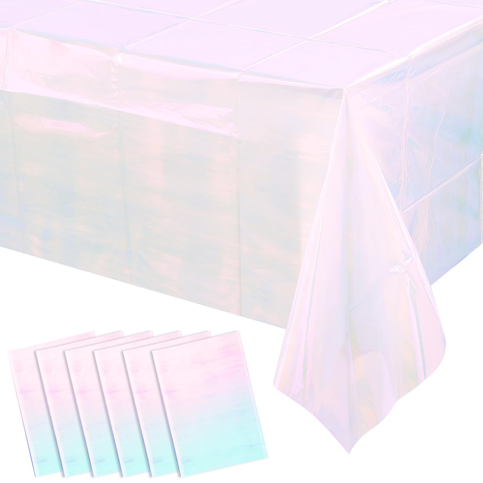 6 Pack Iridescent White Plastic Tablecloth, Shiny White Disposable Laser Rectangle Table Covers, Holographic Foil Tablecloth Party Decorations for Birthday Bridal Wedding Banquet, 40 x 108 Inch