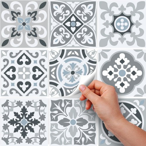 RE-COVERTILES - 54 Pcs Carrelage Autocollant 10x10 cm PS00054 Mosaïque de Azulejos Autocollant Mural Décorative à Carreaux de Ciment pour Salle de Bains et Cuisine Stickers Peel and Stick