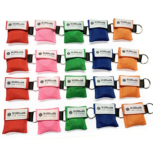WillHealth 20 Pack CPR Mask Key Chain Ring CPR Pocket Mask Emergency Kit Rescue Face Shield with One-Way Valve Breathing Barrier for First Aid or AED Training