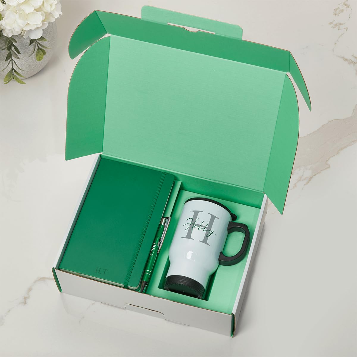 BGExpress Personalised Gift Set - Notebook, Pen & White Travel Mug Gift Set - Premium Business Gifts for Clients, Employees & Partners (Green) — image 1