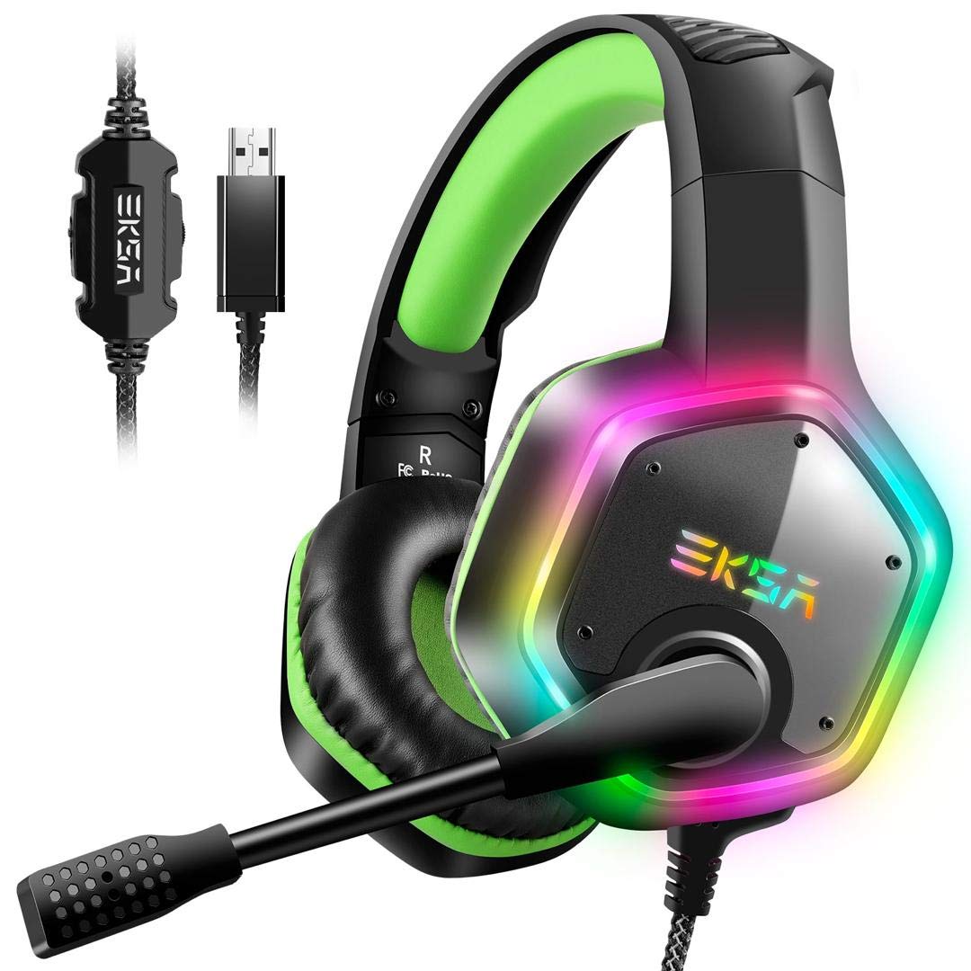 EKSA E1000 PC RGB Gaming Headset 7.1 Surround Sound, PS4 USB Headset with Mic, Gaming Grade 50mm Drivers, Mic/Volume Control, Soft Earmuffs LED Over-Ear Headphones only for PC/PS4 - (E1000G)