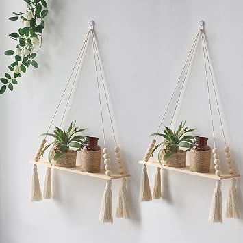 Dremisland Macrame Hanging Shelves Boho Wall Decor Set of 2 Rustic Wood Floating Storage Shelf Tassel Display Floating Shelves Wooden Storage Kitchen Wall Decor for Bedroom Living Room Nursery