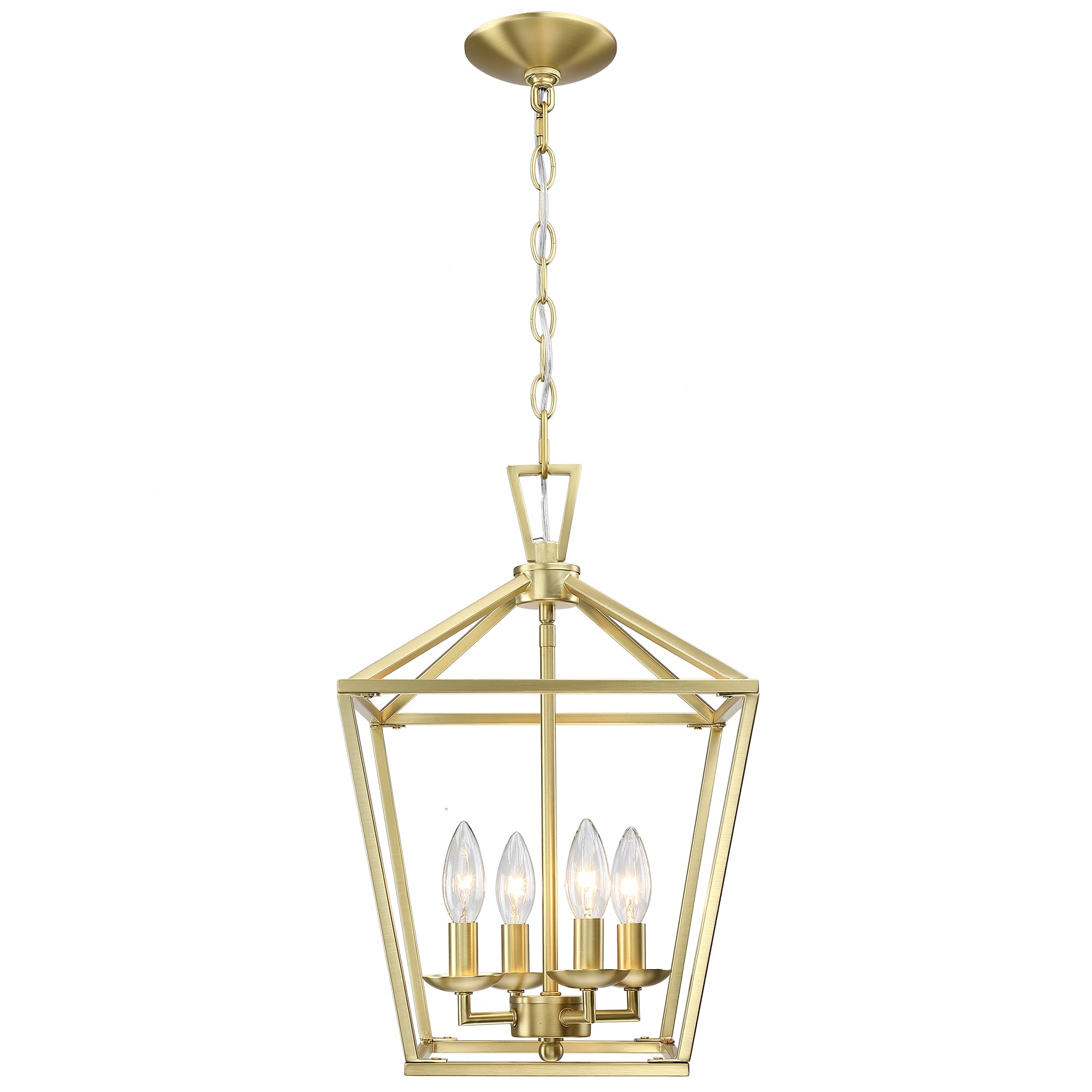 Untrammelife Gold Lantern Chandelier 4-Light Pendant Light Modern Hanging Pendant Light Fixtures in Brushed Brass Finish, Adjustable Metal Chain Geometric Chandelier for Kitchen Island Stair Foyer