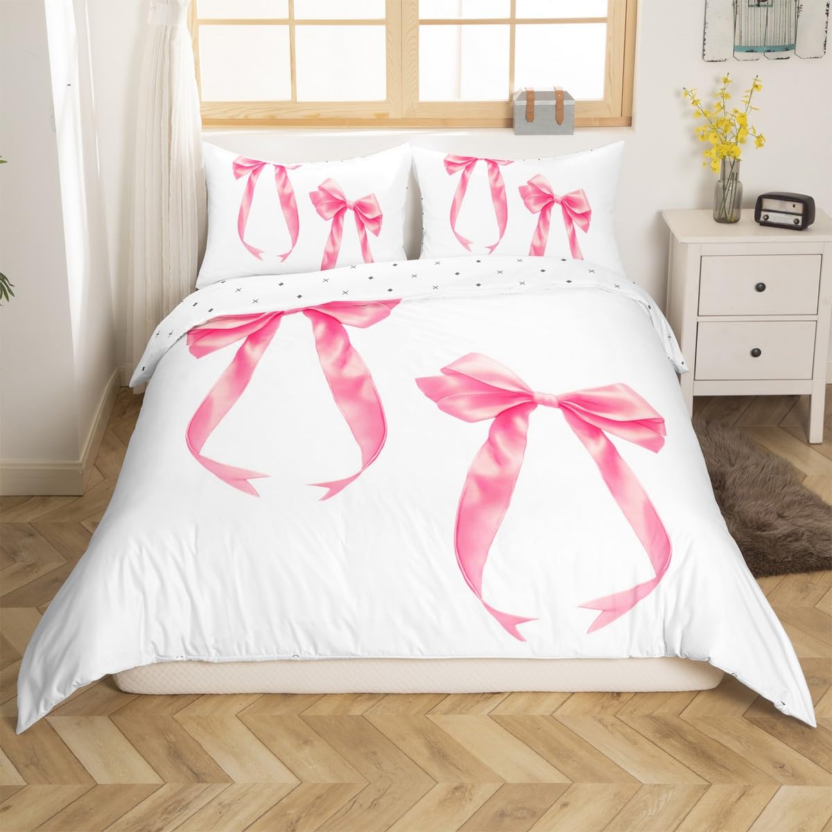 jejeloiu Lovely Red Bow Duvet Cover Cute Bowknot Bedding Set for Kids Boys Girls Teens Kawaii Comforter Cover Toddler Size Simple Modern Room Decor 2Pcs Zipper Breathable Soft Lightweight Microfiber