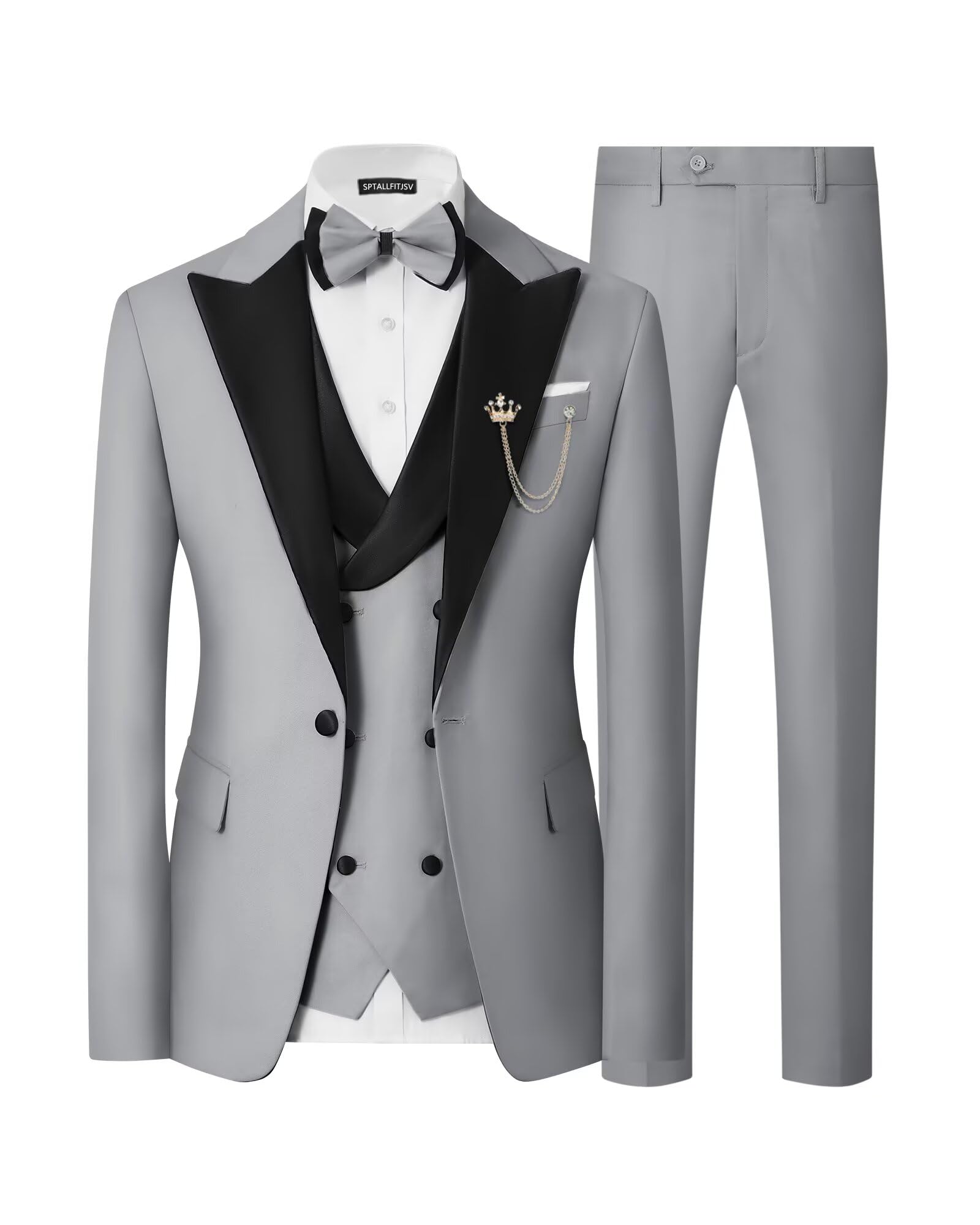 SPTALLFITJSV Mens 3 Piece Tuxedo Suit Slim Fit Wedding Prom Dinner Tuxedo for Men Double Breasted Suits Set with Bow Tie