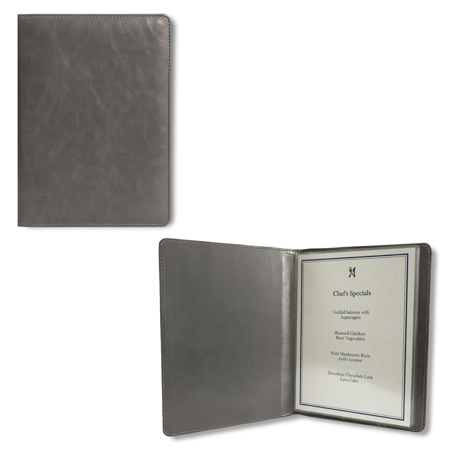 Premium Kunstleder Speisekartenhalter A5 – 4 Seiten, 8 Ansichten, Transparente Hüllen, Abgerundete Ecken, Logo-frei (hellgrau, Strukturiert)