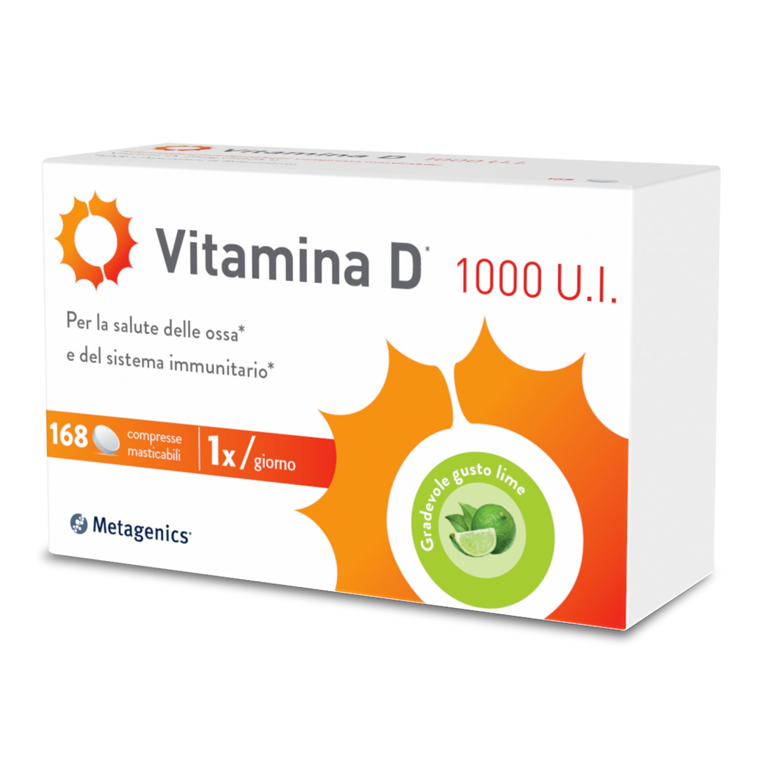 Metagenics Vitamina D 1000 U.​I. - Integratore Sistema Immunitario - Per la Salute delle Ossa - 168 Compresse Masticabili