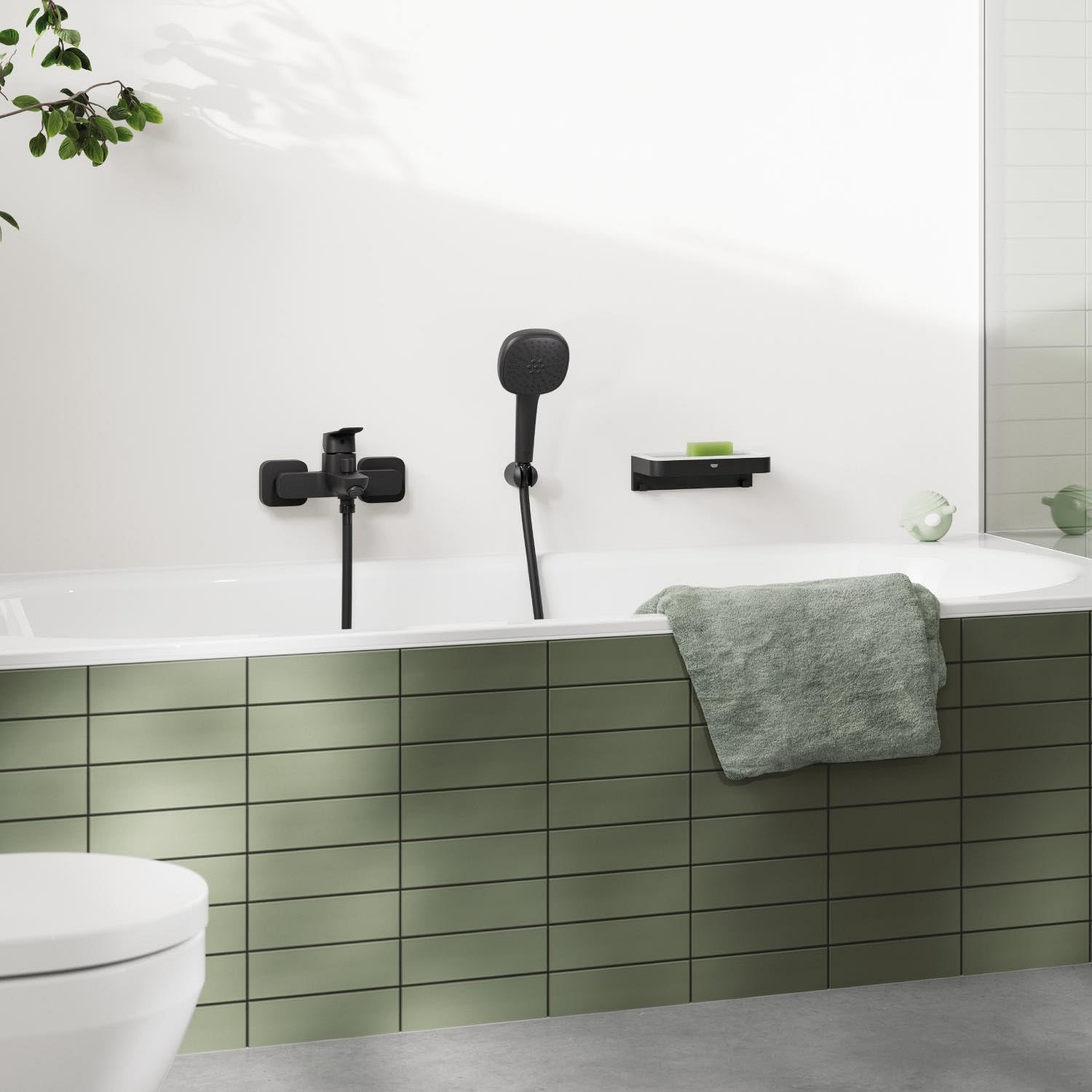GROHE Dice Mitigeur Bain/Douche avec inverseur automatique (Montage mural apparent, Cartouche céramique 35 mm, Clapet anti-retour intégré, Bec avec mousseur), Noir Mat, 1018722430