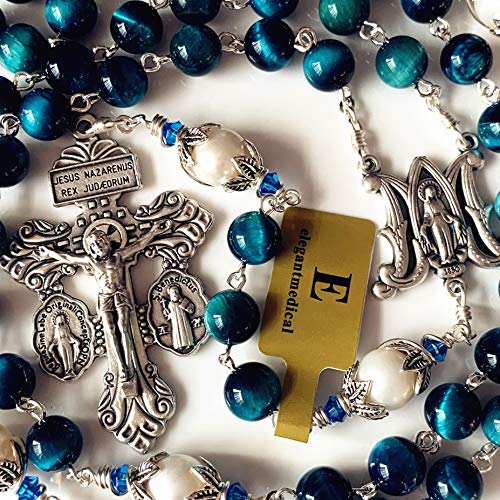 elegantmedical HANDMADE Peacock Blue Tiger Eye Prayer Beads & (AAA) 10mm real Pearl sterling silver beads caps Catholic Rosary Necklace Gift Box Italy Parden Crucifix3